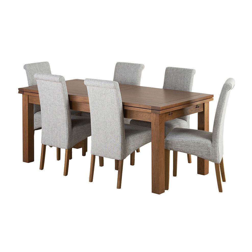 Sherwood Rustic Solid Oak 6ft Extending Table with 6 Scroll Back Plain Grey Fabric Chairs 1