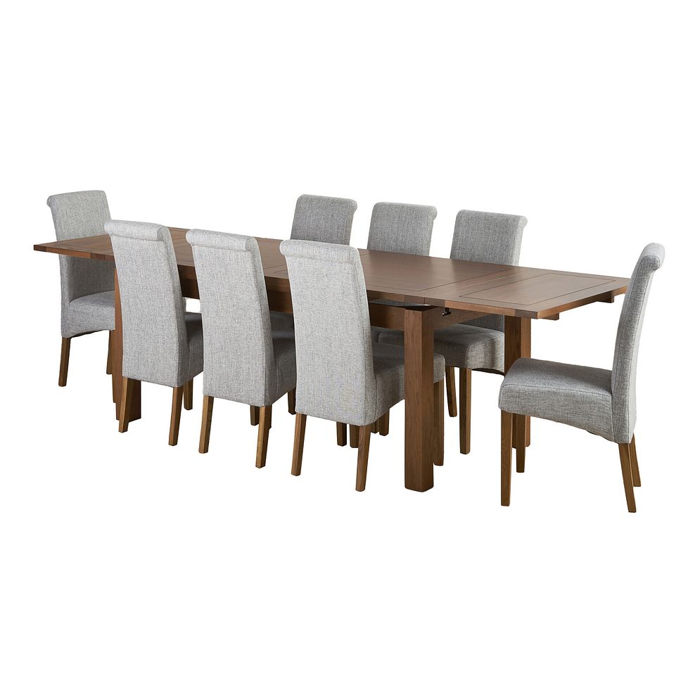 Sherwood Rustic Solid Oak 6ft x 3ft Extending Table with 8 Scroll Back Plain Grey Fabric Chairs 1