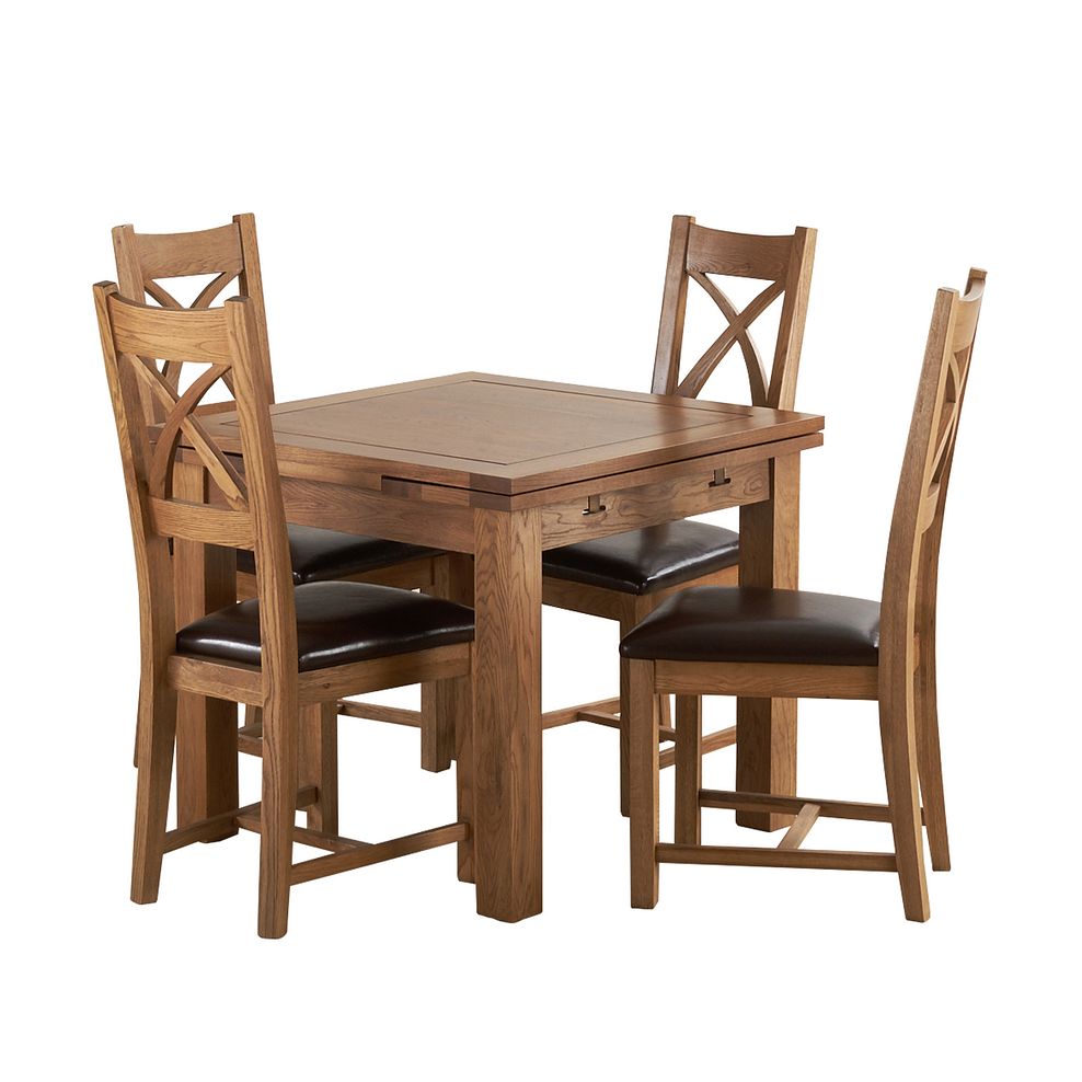 Sherwood Rustic Solid Oak 3ft Extending Table and 4 Cross Back Chairs with Brown Leather Seats Thumbnail 1