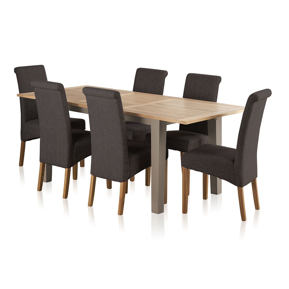 St Ives Natural Oak and Grey Painted 5ft Extending Dining Table with 6 Scroll Back Plain Charcoal Fabric Chairs Thumbnail 1