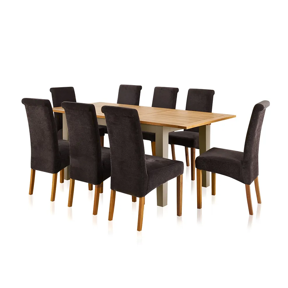 St Ives Natural Oak and Grey Painted 5ft Extending Dining Table with 8 Scroll Back Plain Charcoal Fabric Chairs 1