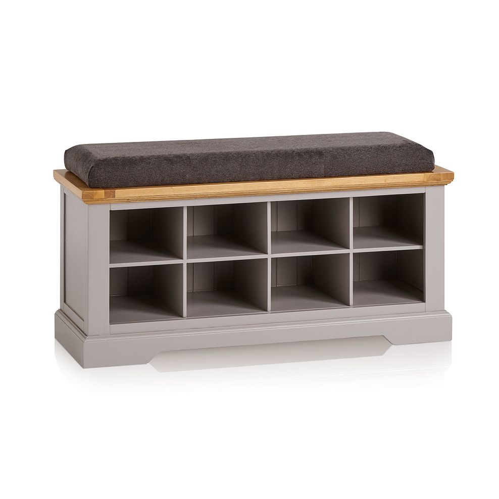St Ives Natural Oak and Light Grey Painted Shoe Storage with Plain Charcoal Fabric Hallway Pad 1