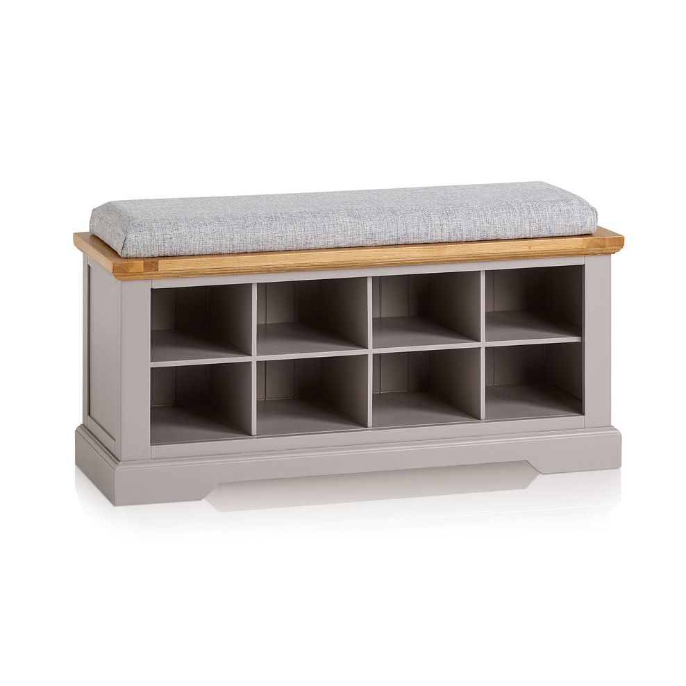 St Ives Natural Oak and Light Grey Painted Shoe Storage with Plain Grey Fabric Hallway Pad 1