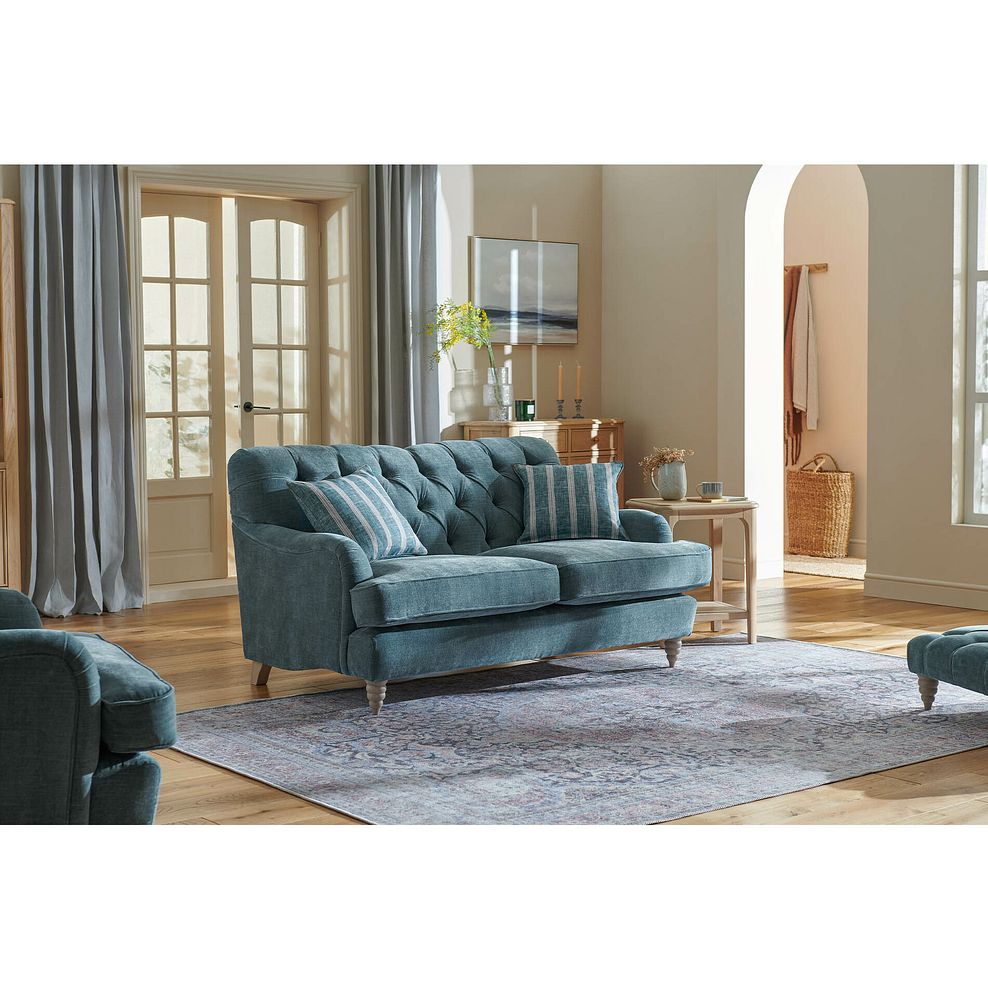 Stanley 2 Seater Sofa in Prussian Fabric with Prussian Stripe Scatters 1