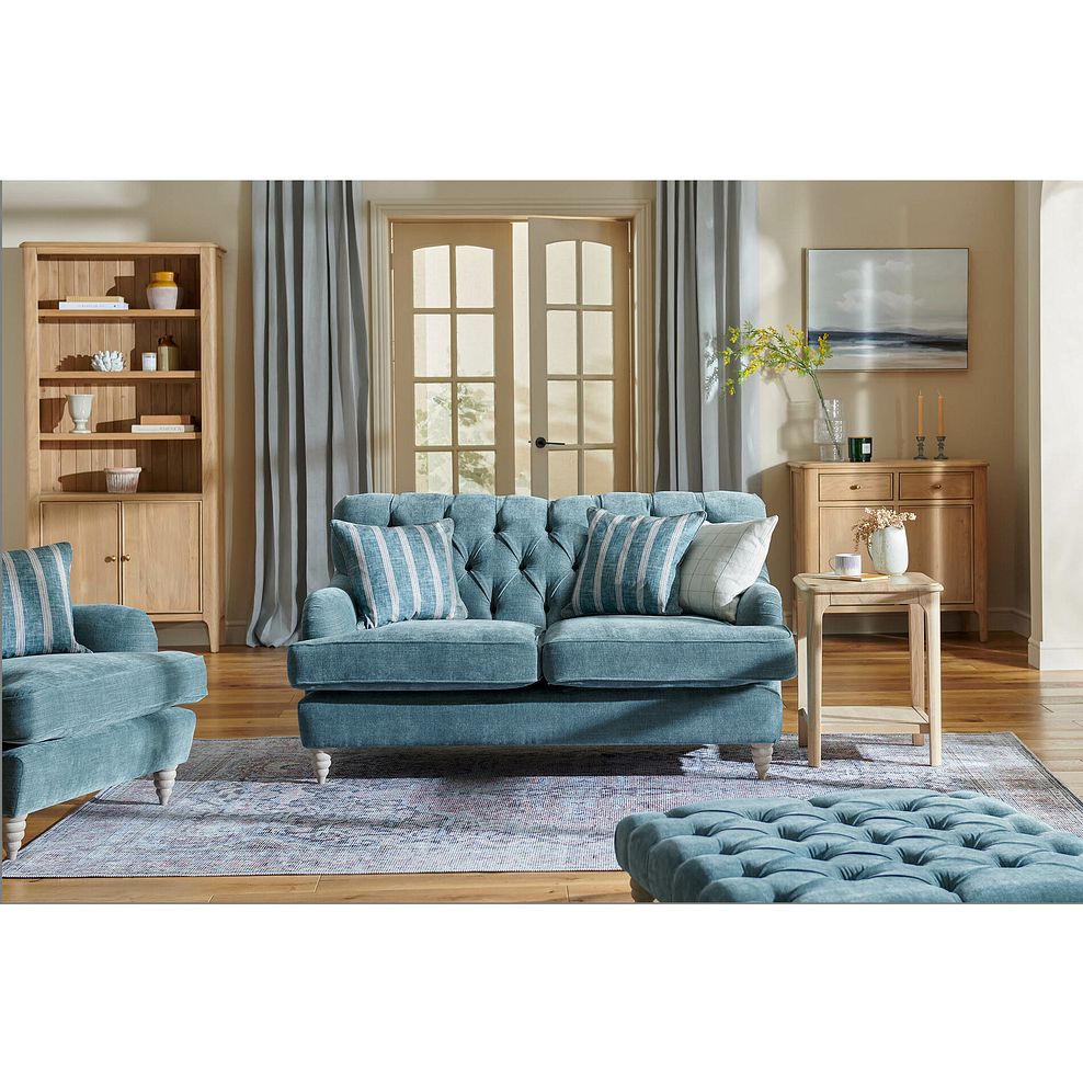 Stanley 2 Seater Sofa in Prussian Fabric with Prussian Stripe Scatters 2