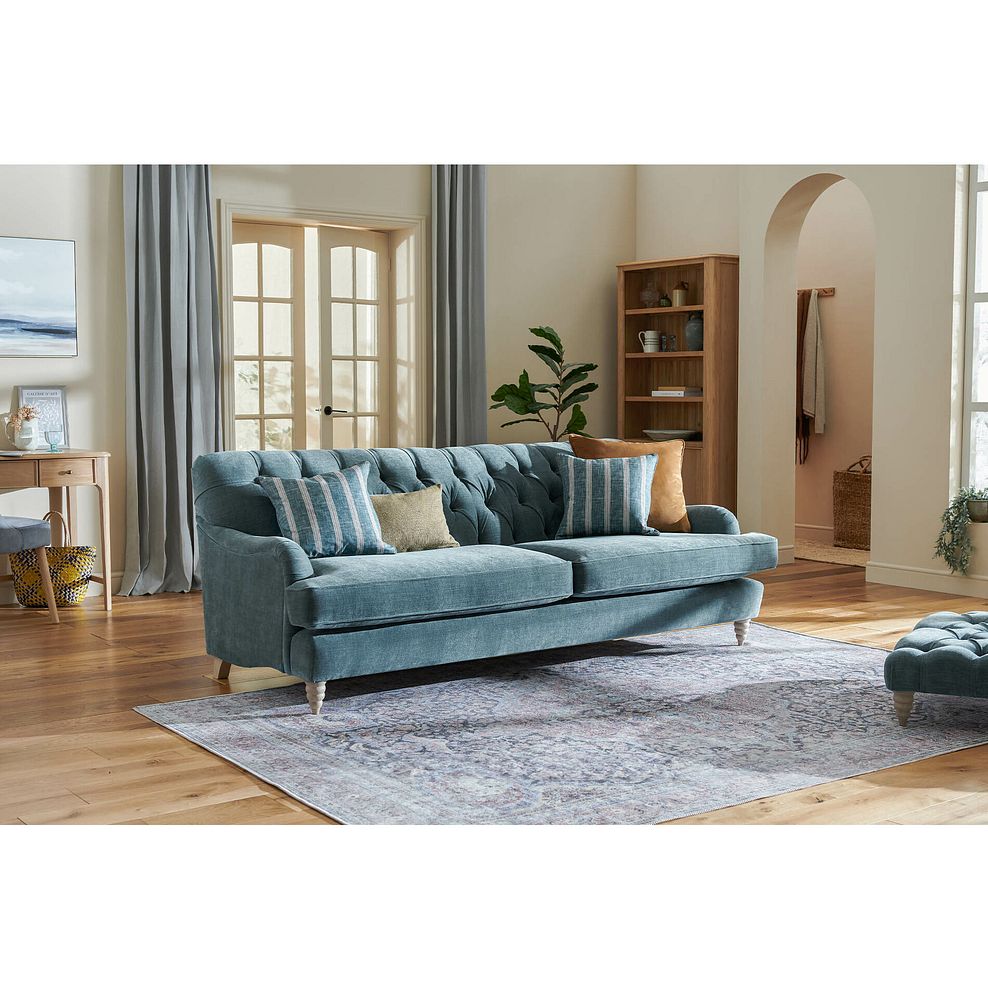 Stanley 4 Seater Sofa in Prussian Fabric with Prussian Stripe Scatters 1