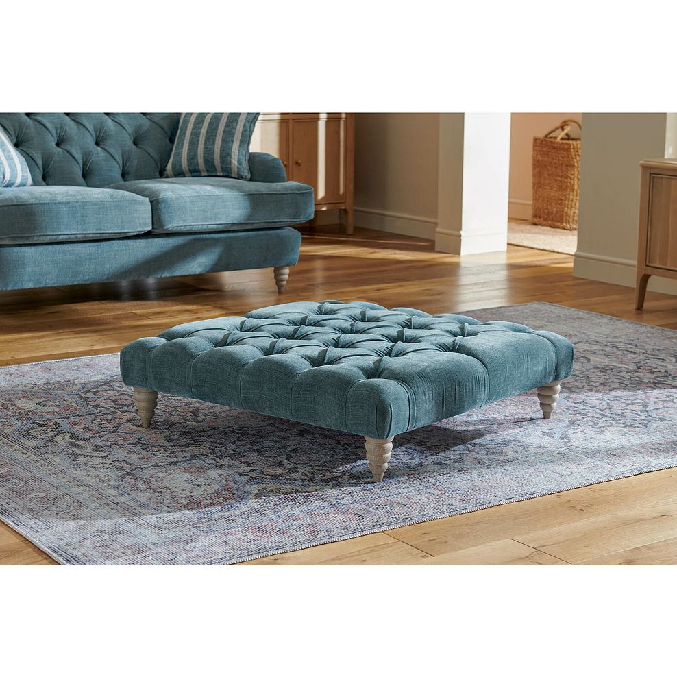 Stanley Square Buttoned Footstool in Prussian Fabric 1