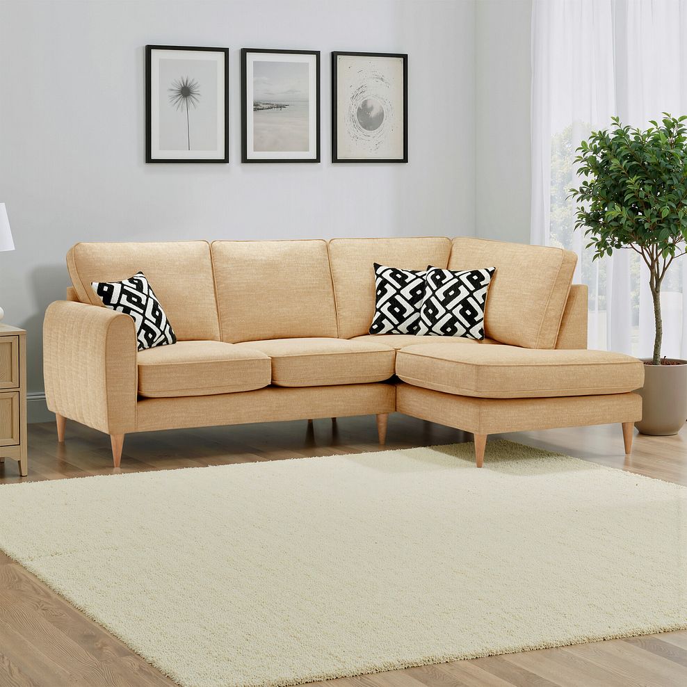 Thornley Left Hand Corner Chaise Sofa in Ruby Saffron Fabric with Black Scatter Cushions 1