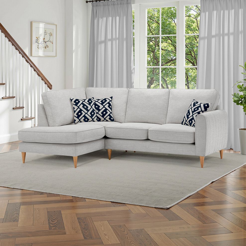 Thornley Right Hand Corner Chaise Sofa in Ruby Ice Fabric with Navy Scatter Cushions 1