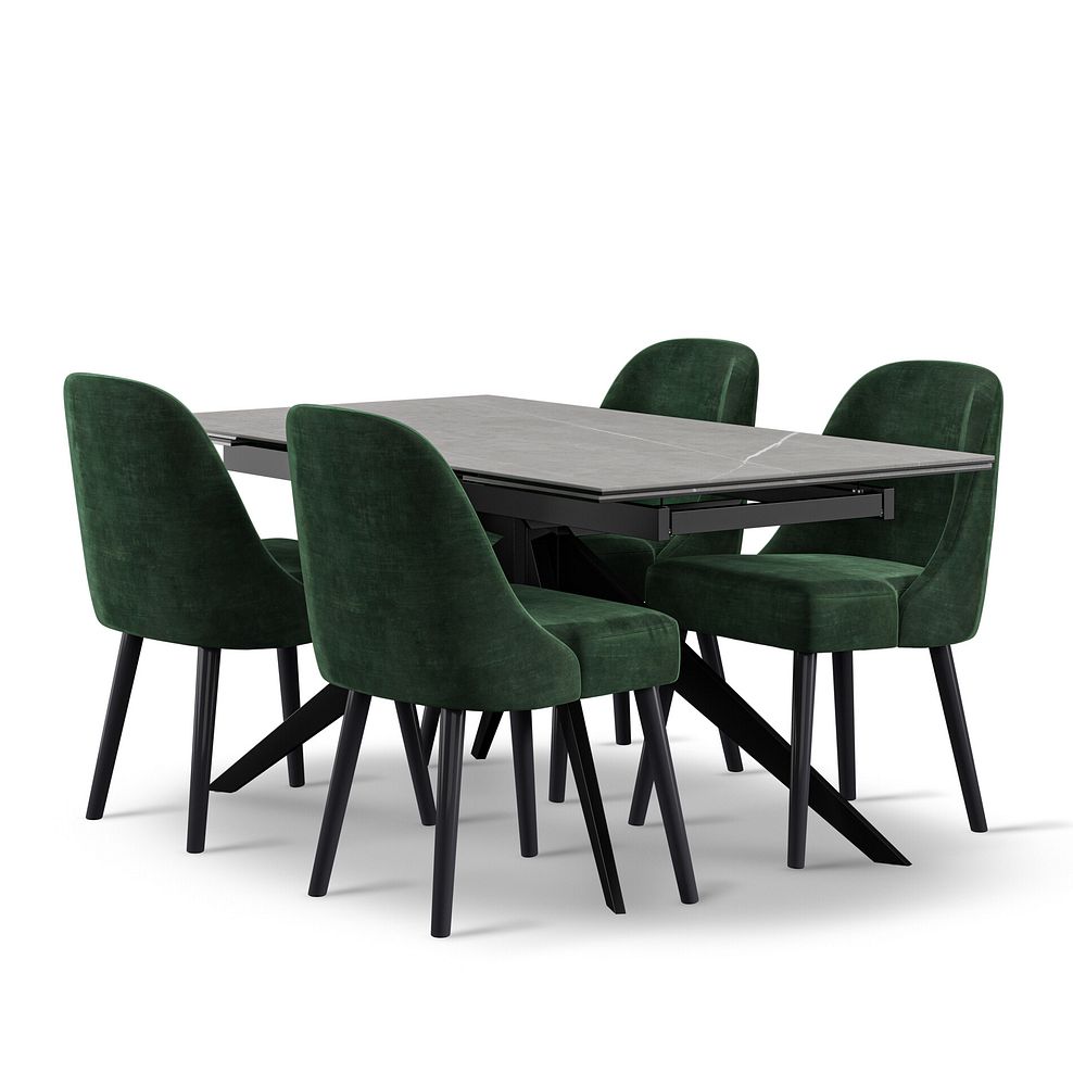 Trento Grey Ceramic Extending Dining Table + 4 Bette Chairs with Black Legs in Heritage Bottle Green Velvet 1