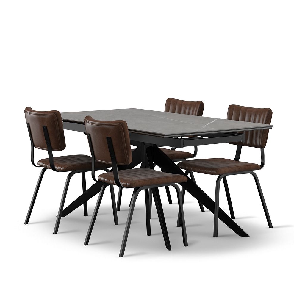Trento Grey Ceramic Extending Dining Table + 4 Mason Chairs Vintage Brown Leather-Look fabric with Black Legs 1