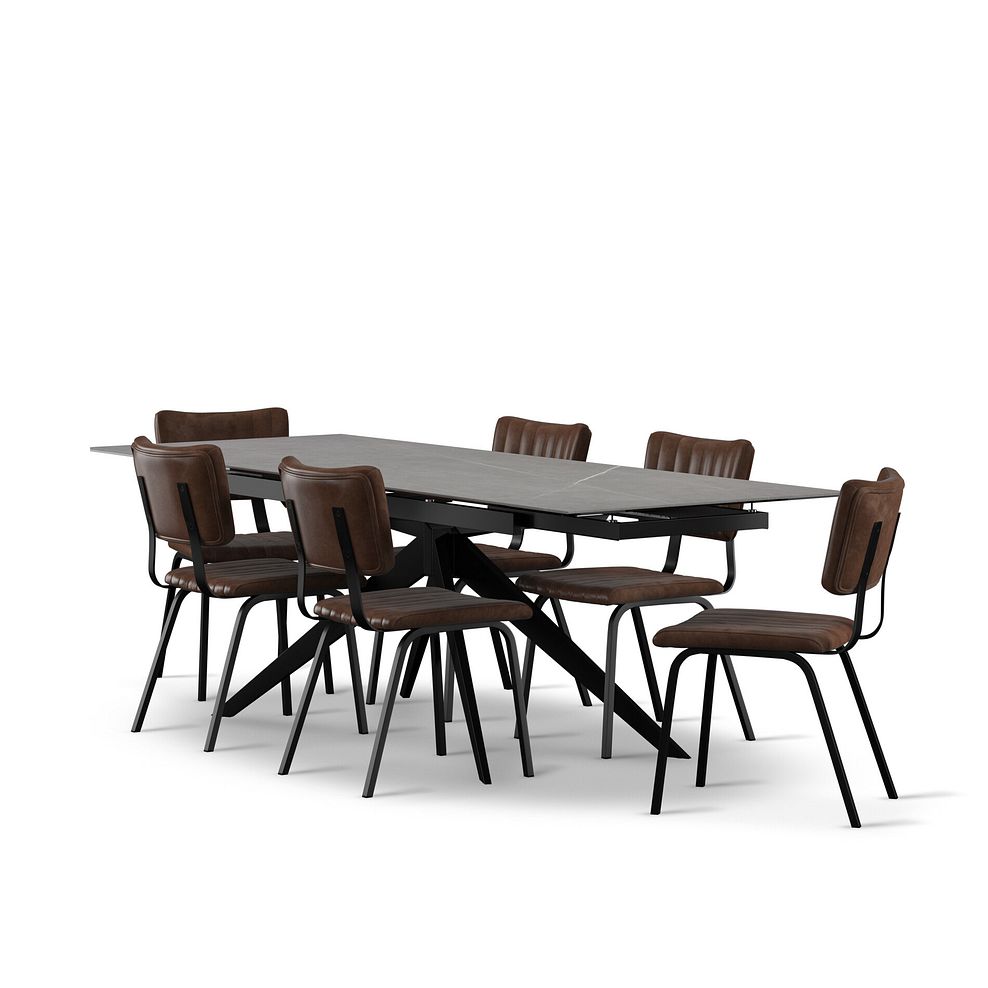 Trento Grey Ceramic Extending Dining Table + 6 Mason Chairs Vintage Brown Leather-Look fabric with Black Legs 2