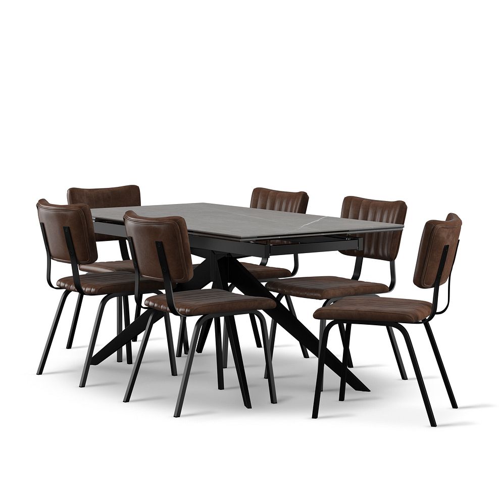 Trento Grey Ceramic Extending Dining Table + 6 Mason Chairs Vintage Brown Leather-Look fabric with Black Legs 1