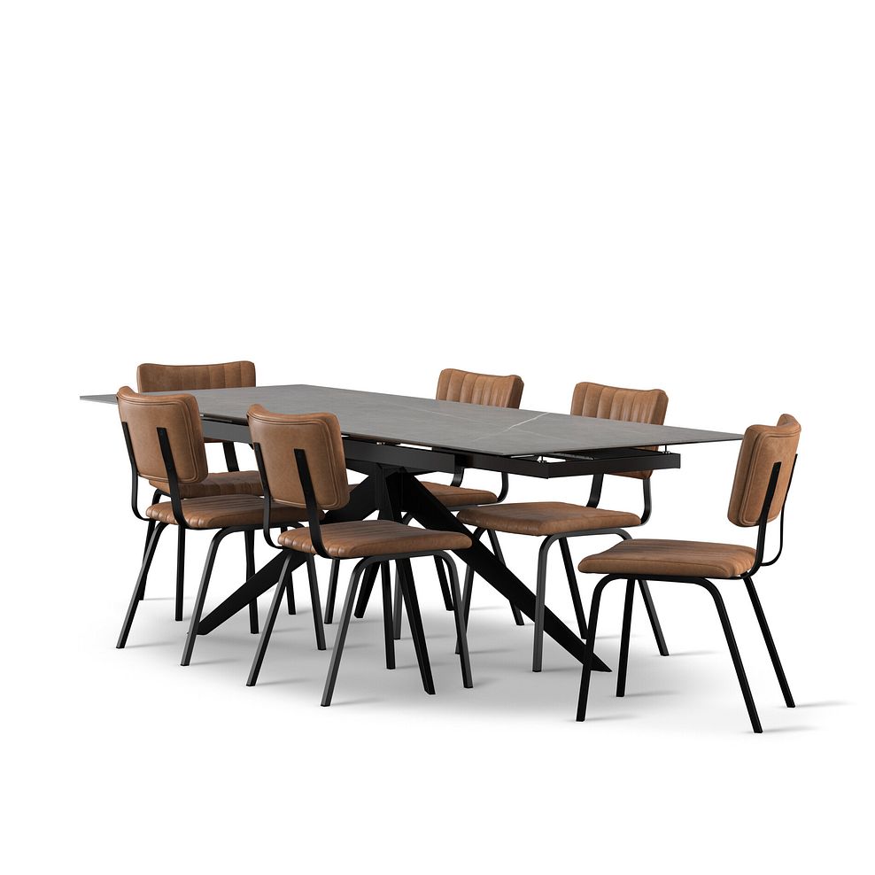 Trento Grey Ceramic Extending Dining Table + 6 Mason Chairs Vintage Tan Leather-Look fabric with Black Legs 2