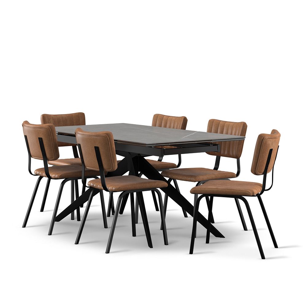 Trento Grey Ceramic Extending Dining Table + 6 Mason Chairs Vintage Tan Leather-Look fabric with Black Legs 1