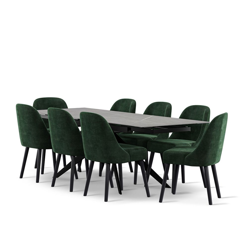 Trento Grey Ceramic Extending Dining Table + 8 Bette Chairs with Black Legs in Heritage Bottle Green Velvet 1