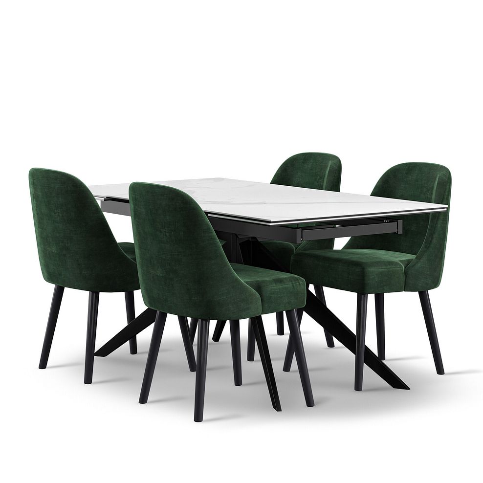Trento White Ceramic Extending Dining Table + 4 Bette Chairs with Black Legs in Heritage Bottle Green Velvet 1