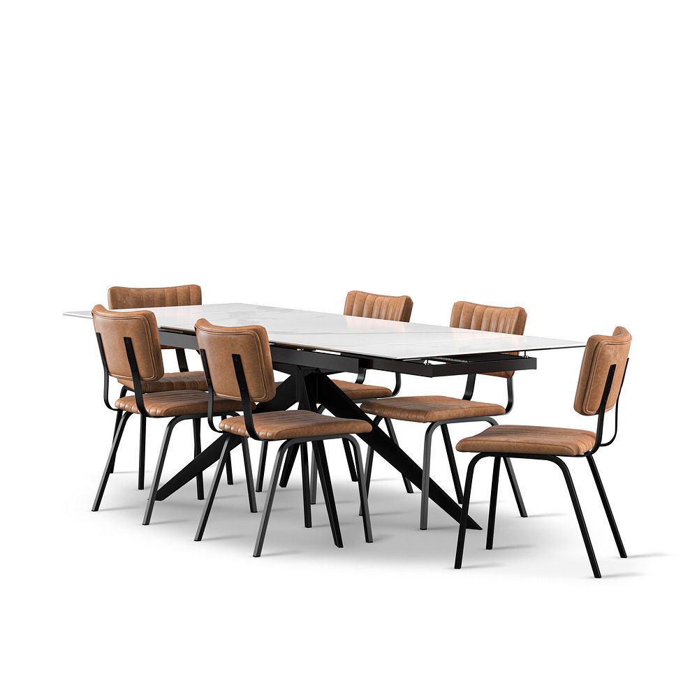 Trento White Ceramic Extending Dining Table + 6 Mason Chairs Vintage Tan Leather-Look fabric with Black Legs 2