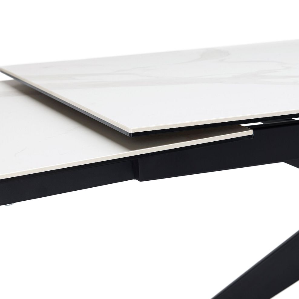 Trento White Ceramic Extending Dining Table + 6 Mason Chairs Vintage Tan Leather-Look fabric with Black Legs 9