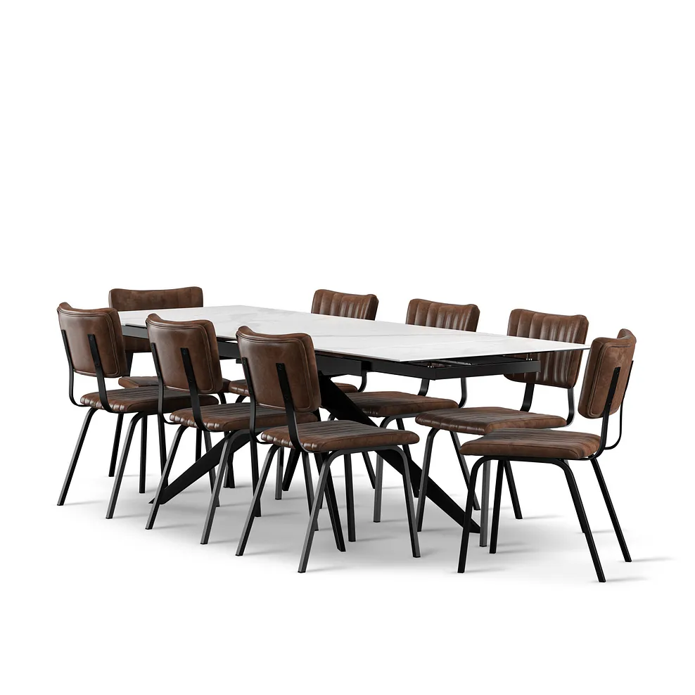Trento White Ceramic Extending Dining Table + 8 Mason Chairs Vintage Brown Leather-Look fabric with Black Legs 1