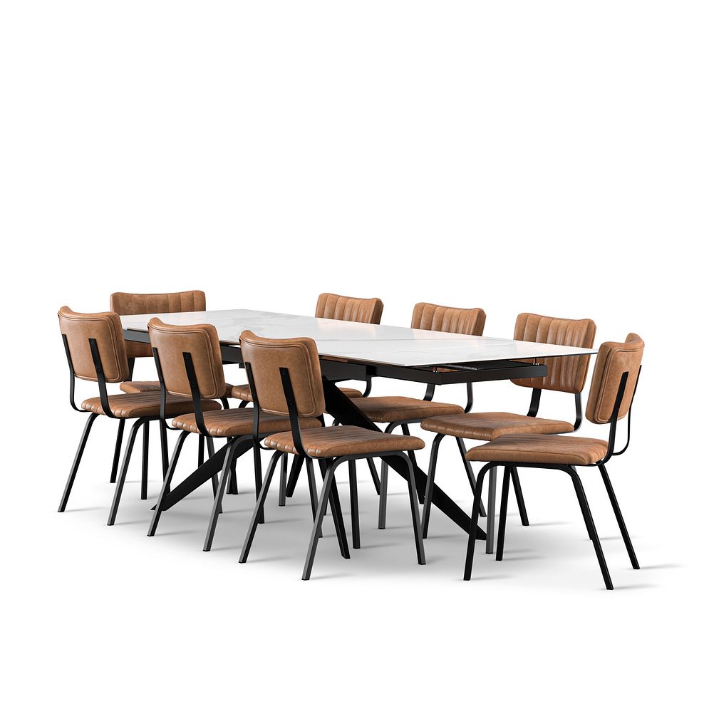 Trento White Ceramic Extending Dining Table + 8 Mason Chairs Vintage Tan Leather-Look fabric with Black Legs 1