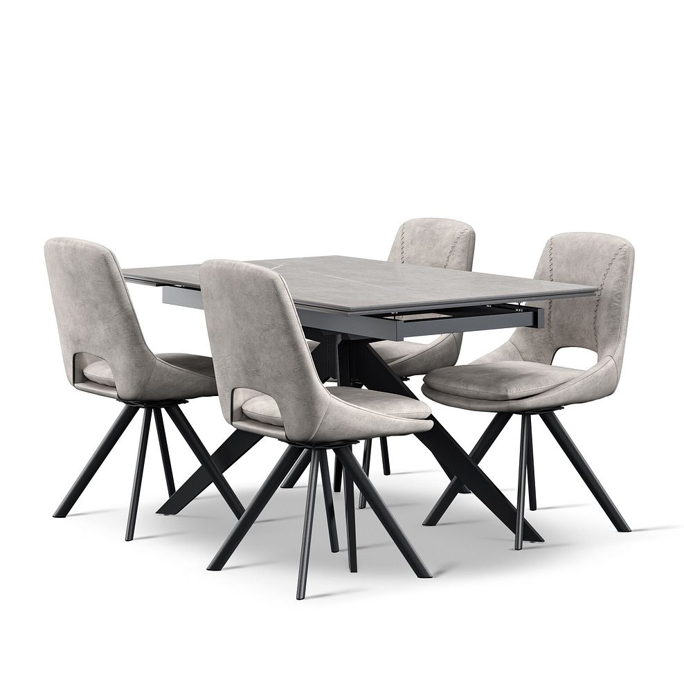 Trento Grey Ceramic Extendable Dining Table 130cm + 4 Nico Swivel Dining Chair in Light Grey with Black Metal Legs 1