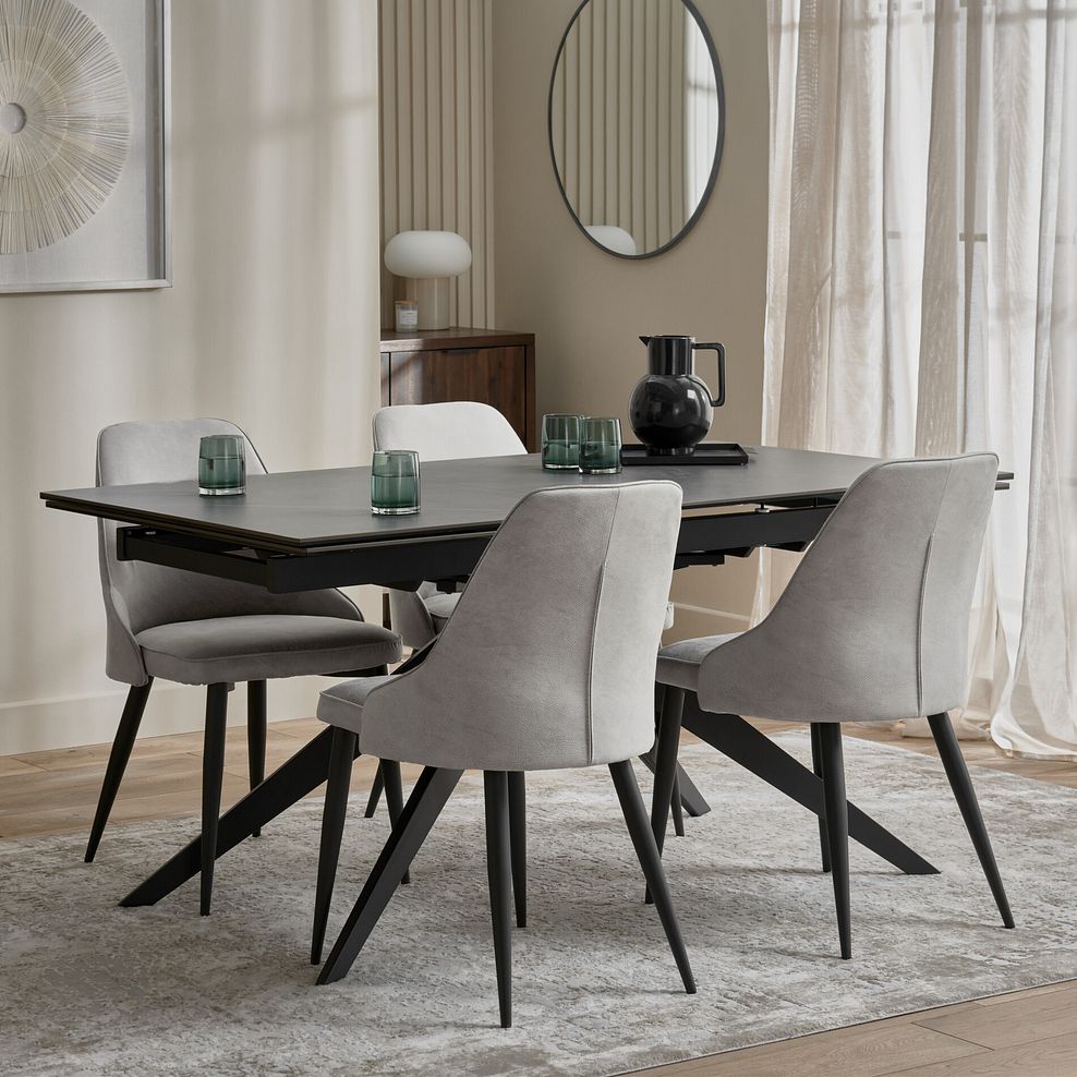 Trento Grey Ceramic Extending Dining Table + 4 Aria Dining Chairs in Light Grey with Black Metal Legs 1