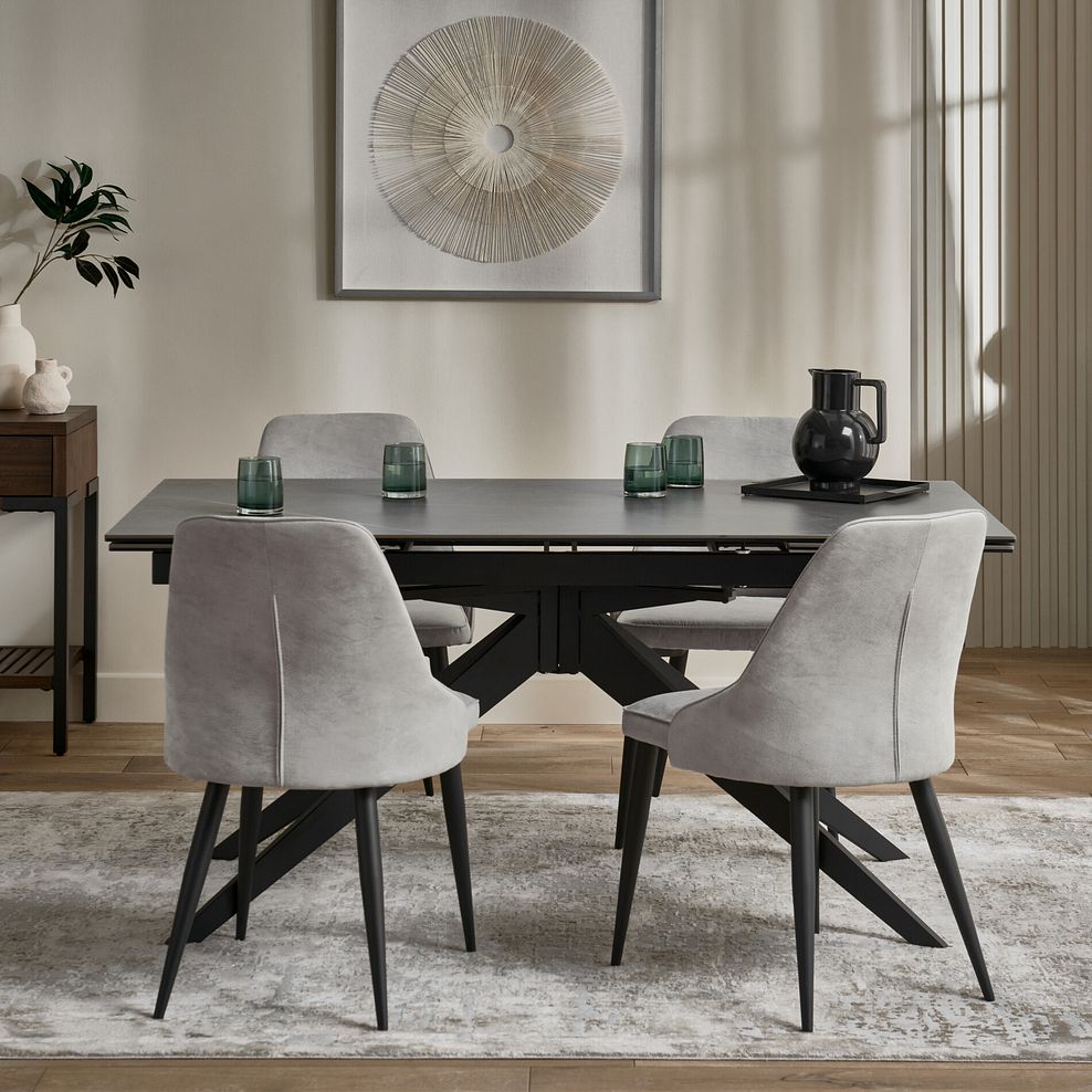 Trento Grey Ceramic Extending Dining Table + 4 Aria Dining Chairs in Light Grey with Black Metal Legs 3