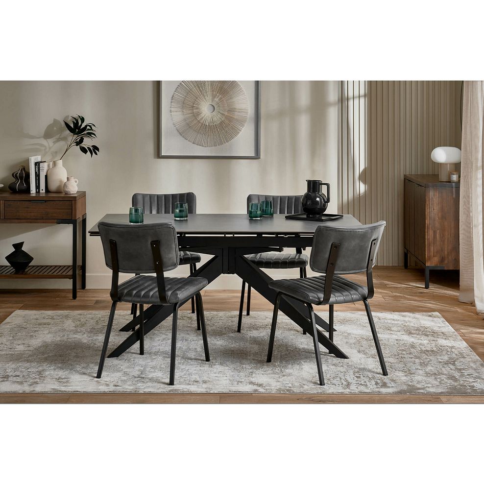 Trento Grey Ceramic Extending Dining Table + 4 Mason Chairs Vintage Black Leather-Look fabric with Black Legs 1