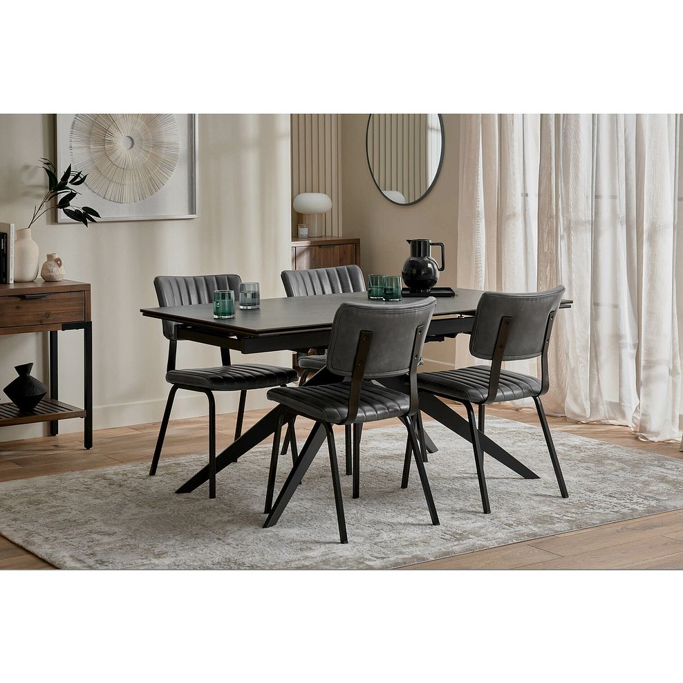 Trento Grey Ceramic Extending Dining Table + 4 Mason Chairs Vintage Black Leather-Look fabric with Black Legs 2