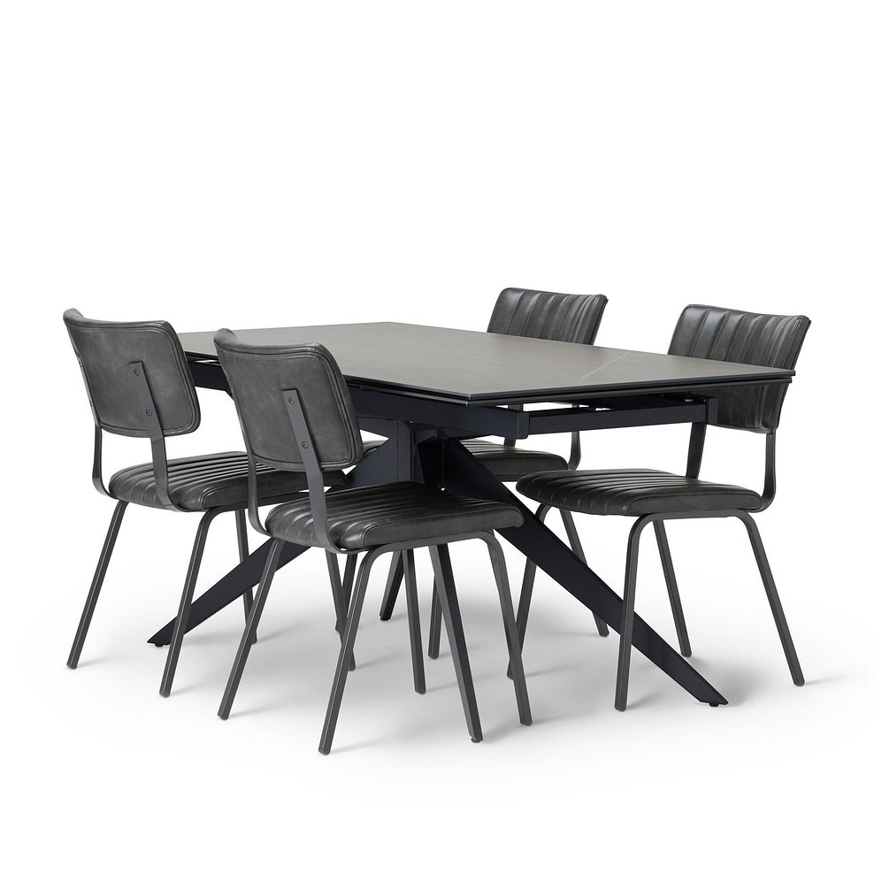 Trento Grey Ceramic Extending Dining Table + 4 Mason Chairs Vintage Black Leather-Look fabric with Black Legs 3