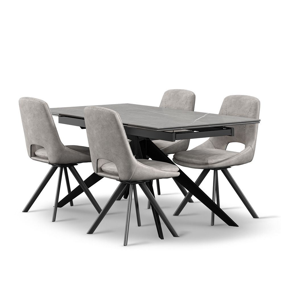 Trento Grey Ceramic Extending Dining Table + 4 Nico Swivel Dining Chairs in Light Grey with Black Metal Legs 1