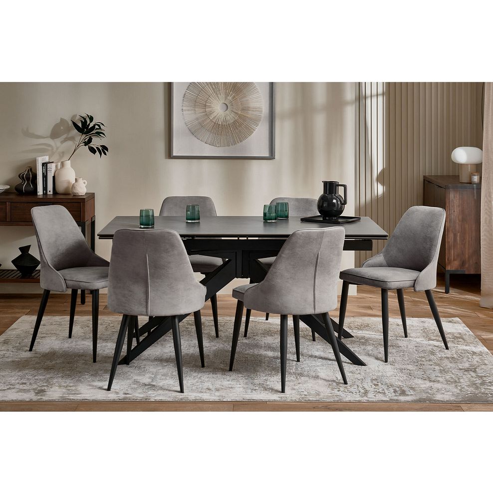 Trento Grey Ceramic Extending Dining Table + 6 Aria Dining Chairs in Dark Grey with Black Metal Legs 1