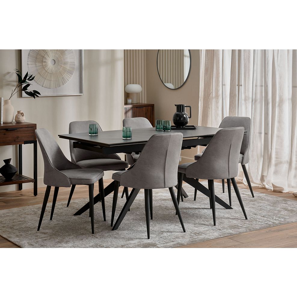 Trento Grey Ceramic Extending Dining Table + 6 Aria Dining Chairs in Dark Grey with Black Metal Legs 2