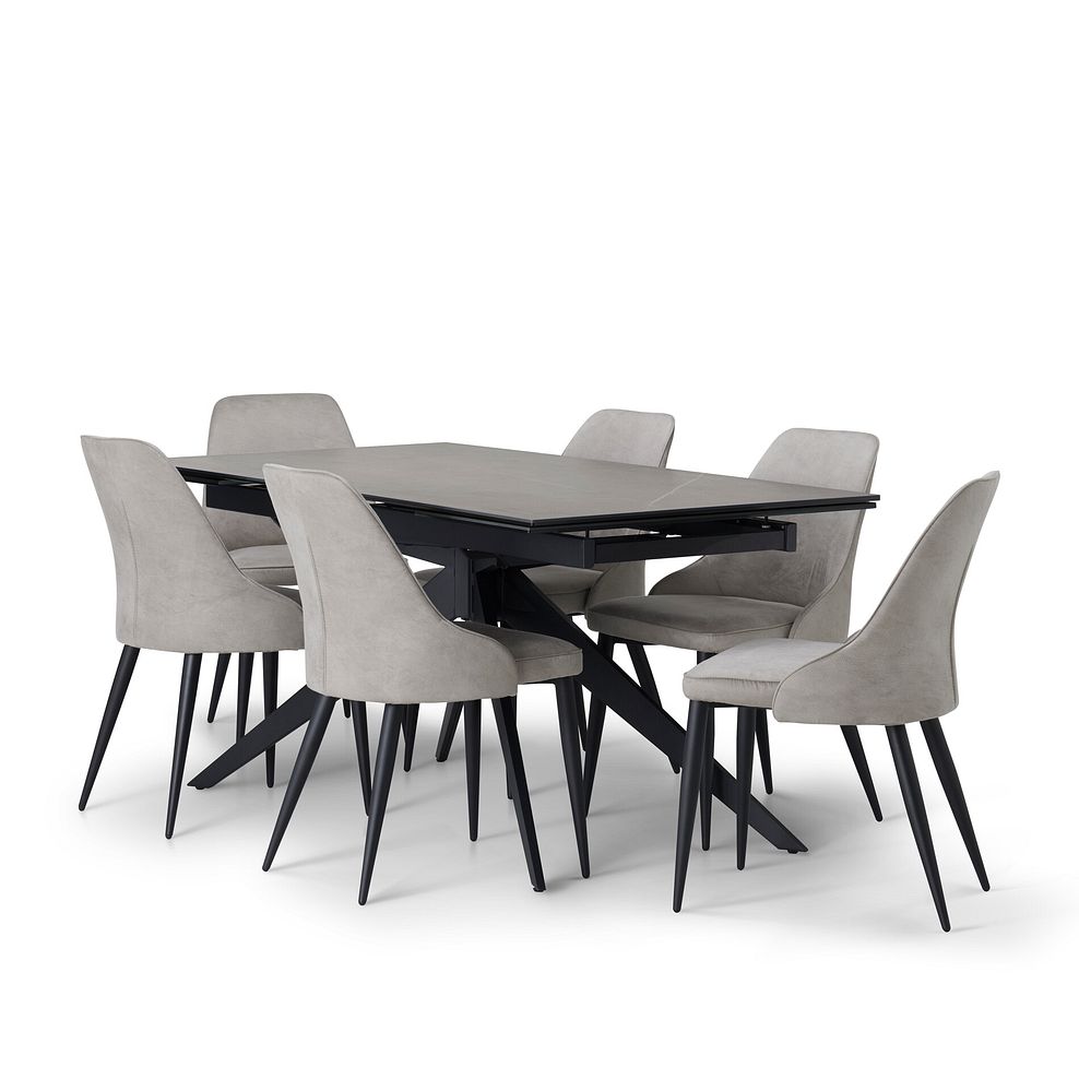 Trento Grey Ceramic Extending Dining Table + 6 Aria Dining Chairs in Light Grey with Black Metal Legs 3