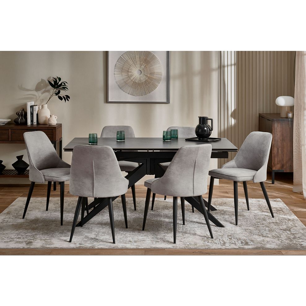 Trento Grey Ceramic Extending Dining Table + 6 Aria Dining Chairs in Light Grey with Black Metal Legs 1