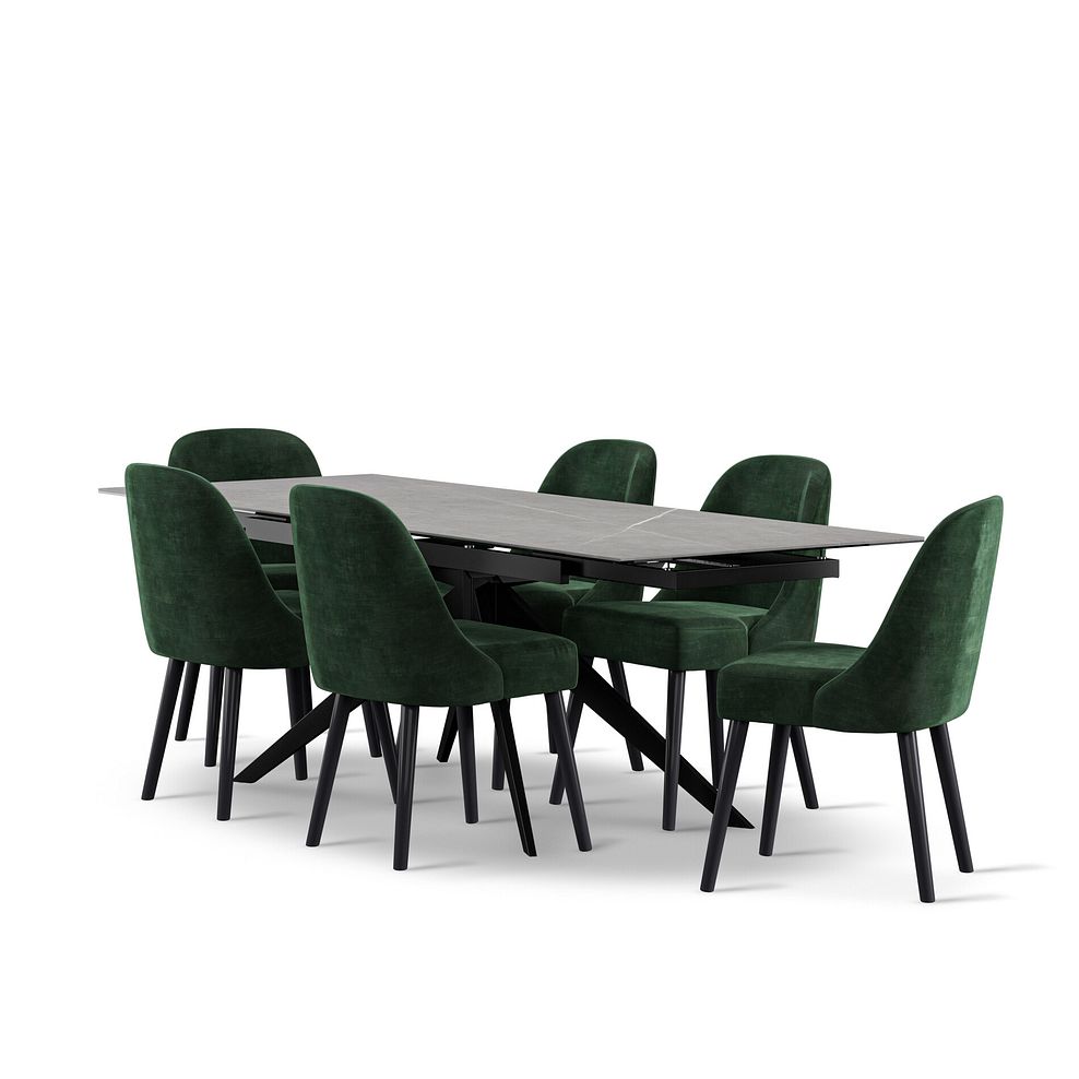 Trento Grey Ceramic Extending Dining Table + 6 Bette Chairs with Black Legs in Heritage Bottle Green Velvet 2
