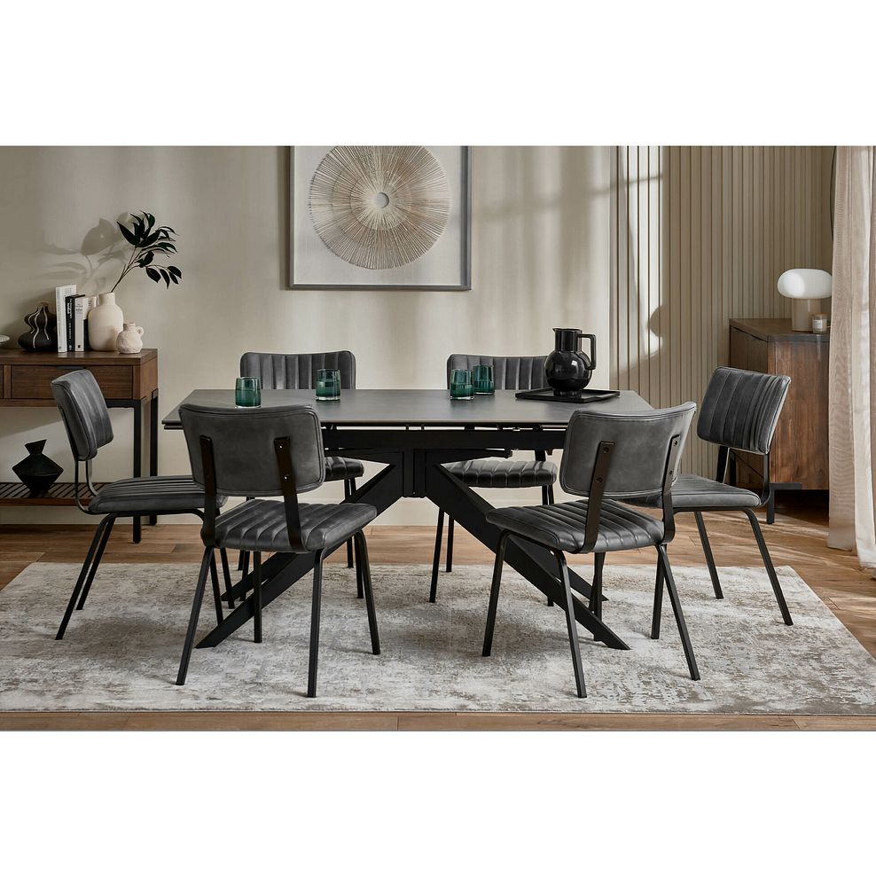 Trento Grey Ceramic Extending Dining Table + 6 Mason Chairs Vintage Black Leather-Look fabric with Black Legs 1