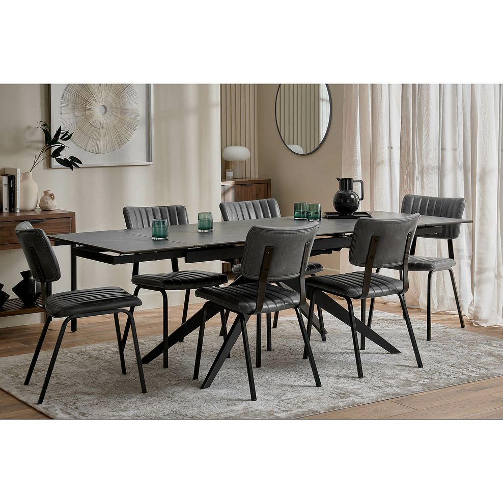 Trento Grey Ceramic Extending Dining Table + 6 Mason Chairs Vintage Black Leather-Look fabric with Black Legs 2