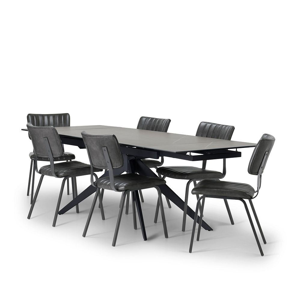 Trento Grey Ceramic Extending Dining Table + 6 Mason Chairs Vintage Black Leather-Look fabric with Black Legs 4