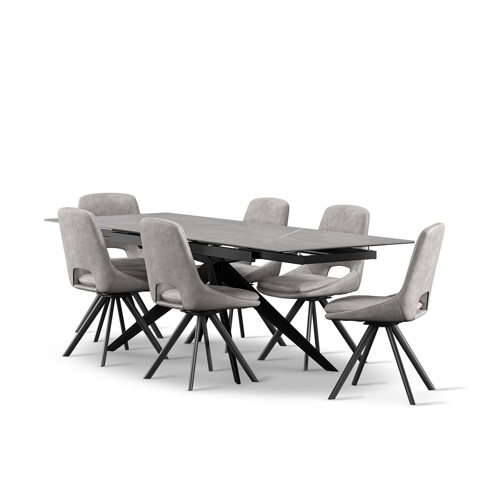 Trento Grey Ceramic Extending Dining Table + 6 Nico Swivel Dining Chairs in Light Grey with Black Metal Legs 2