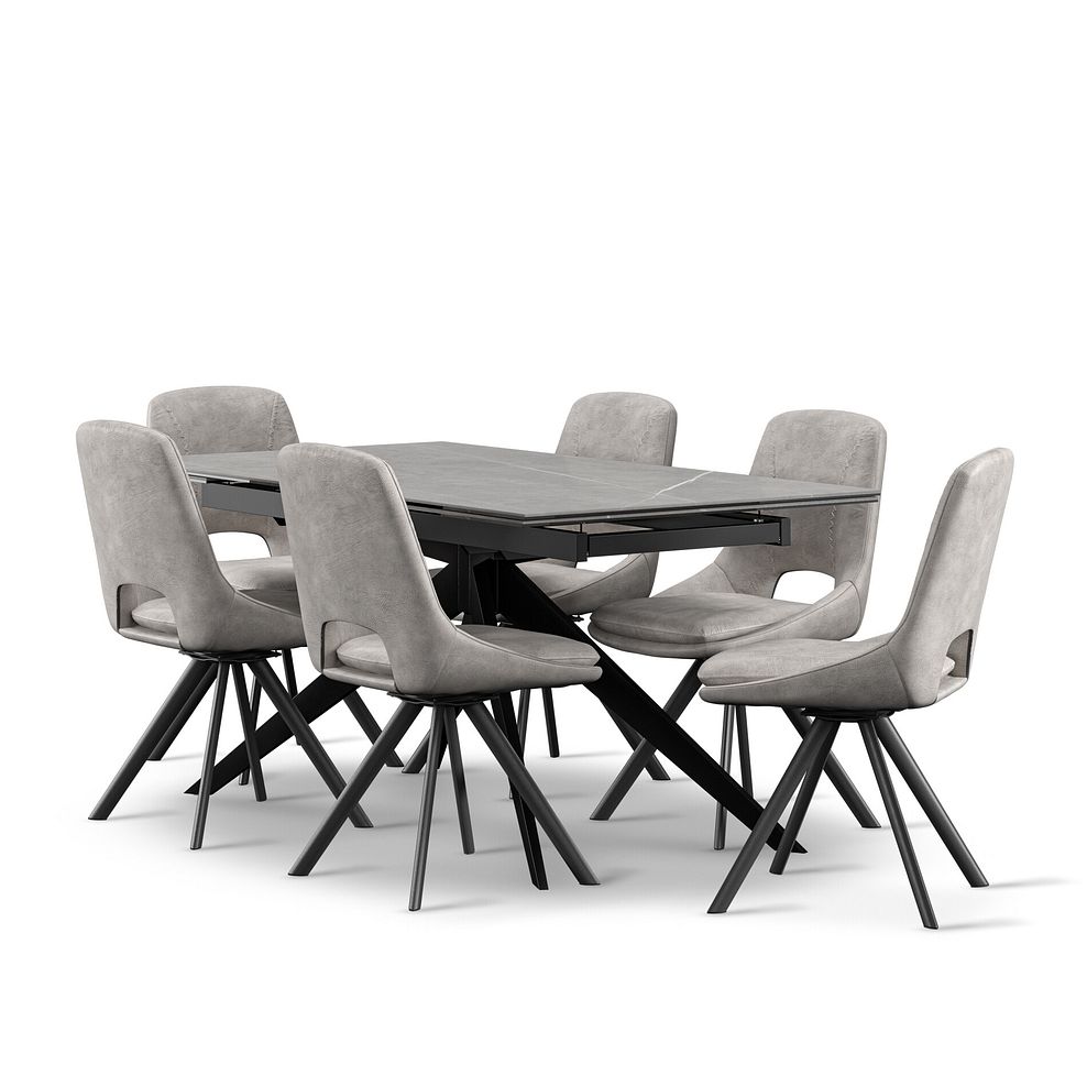 Trento Grey Ceramic Extending Dining Table + 6 Nico Swivel Dining Chairs in Light Grey with Black Metal Legs 1