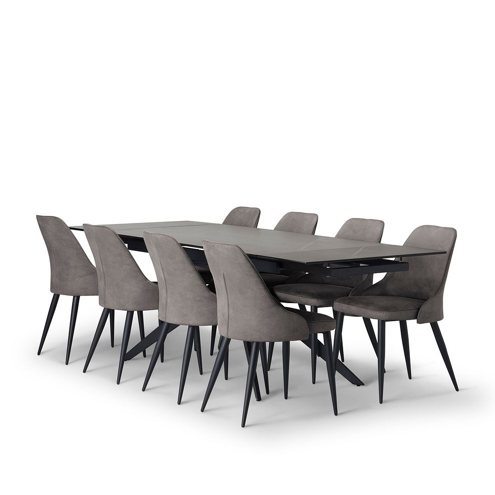 Trento Grey Ceramic Extending Dining Table + 8 Aria Dining Chairs in Dark Grey with Black Metal Legs 4