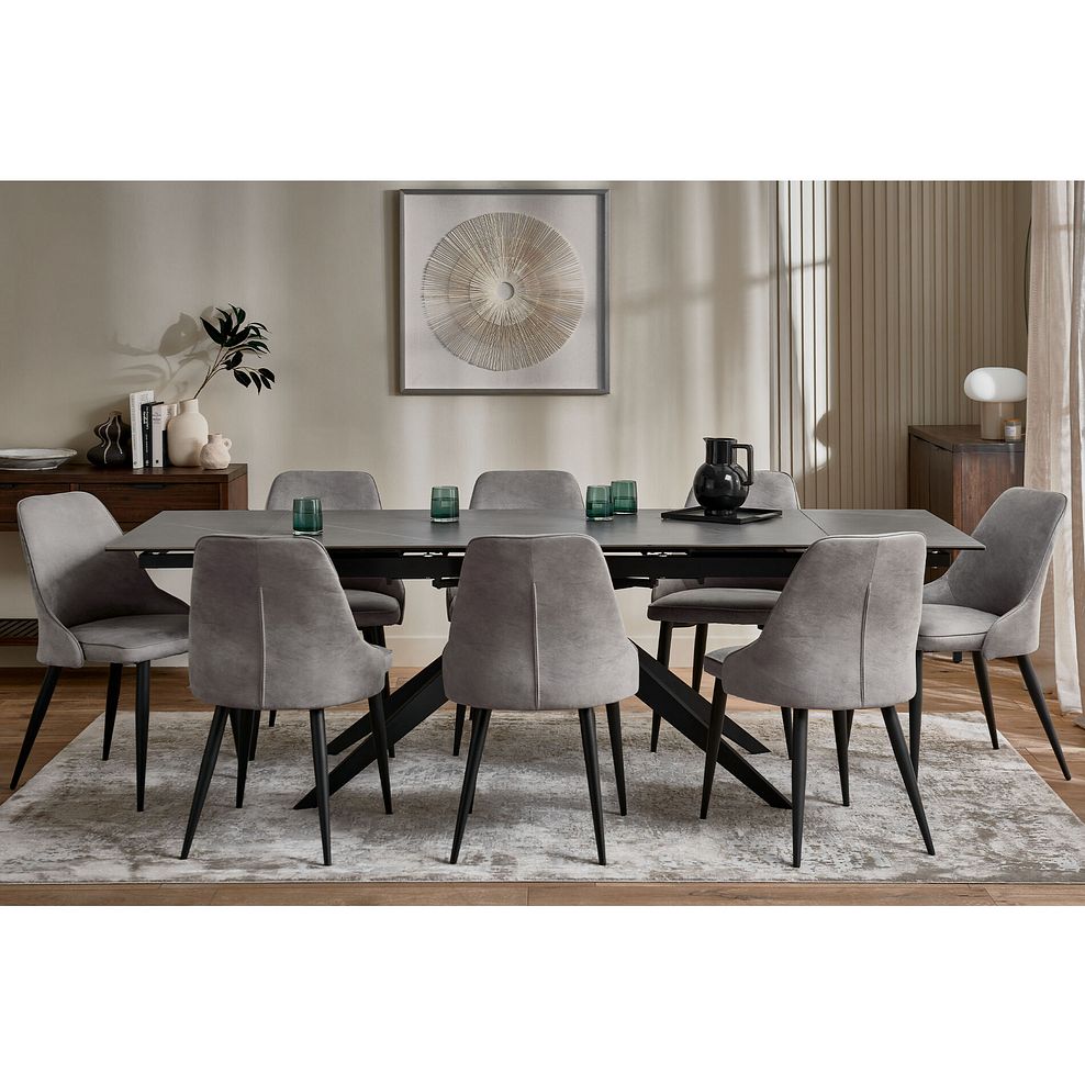 Trento Grey Ceramic Extending Dining Table + 8 Aria Dining Chairs in Dark Grey with Black Metal Legs 1