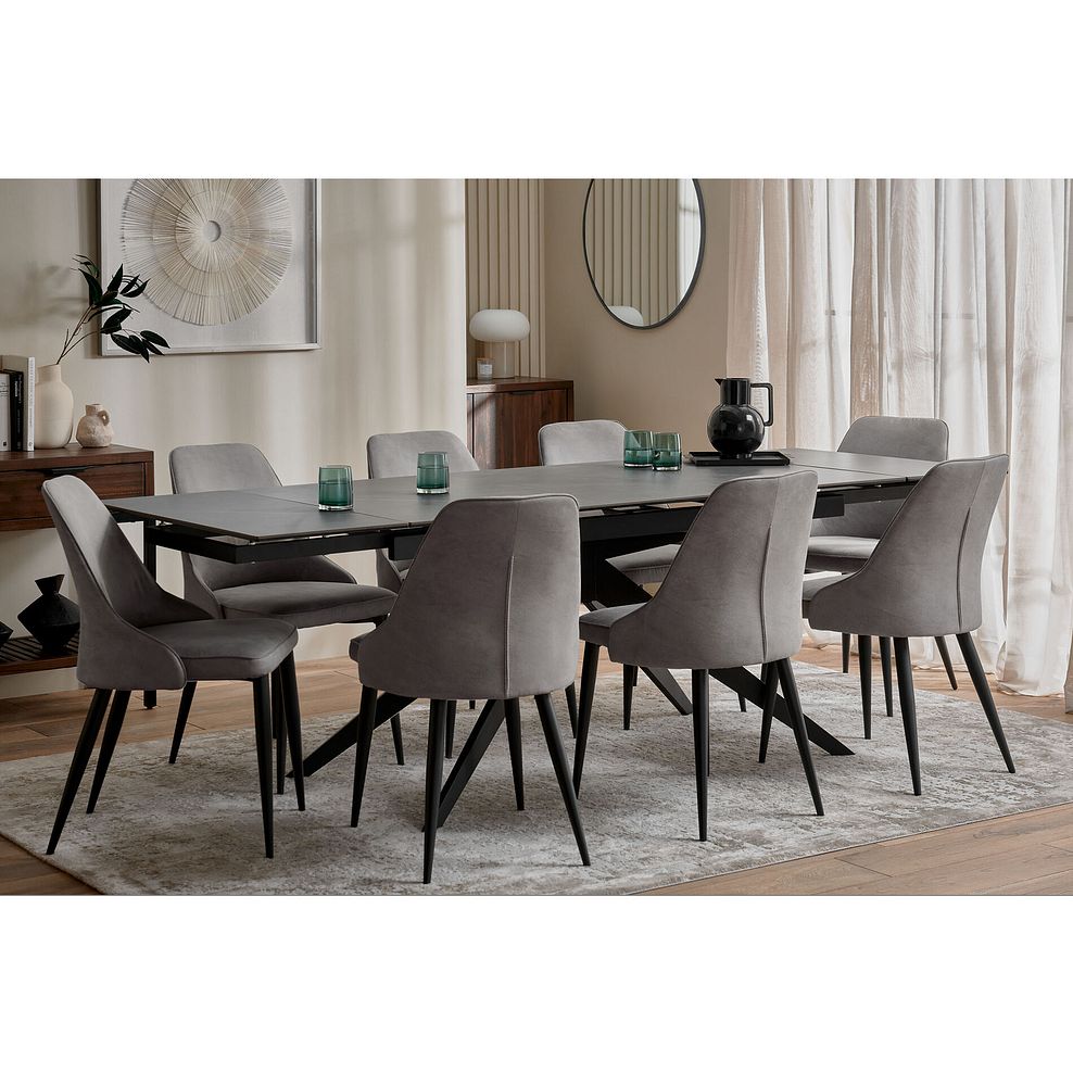 Trento Grey Ceramic Extending Dining Table + 8 Aria Dining Chairs in Dark Grey with Black Metal Legs 2