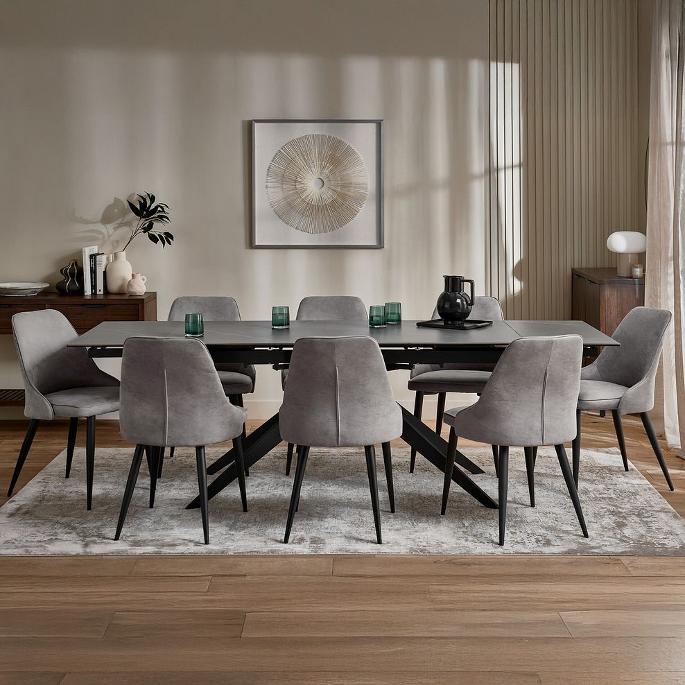 Trento Grey Ceramic Extending Dining Table + 8 Aria Dining Chairs in Dark Grey with Black Metal Legs 1