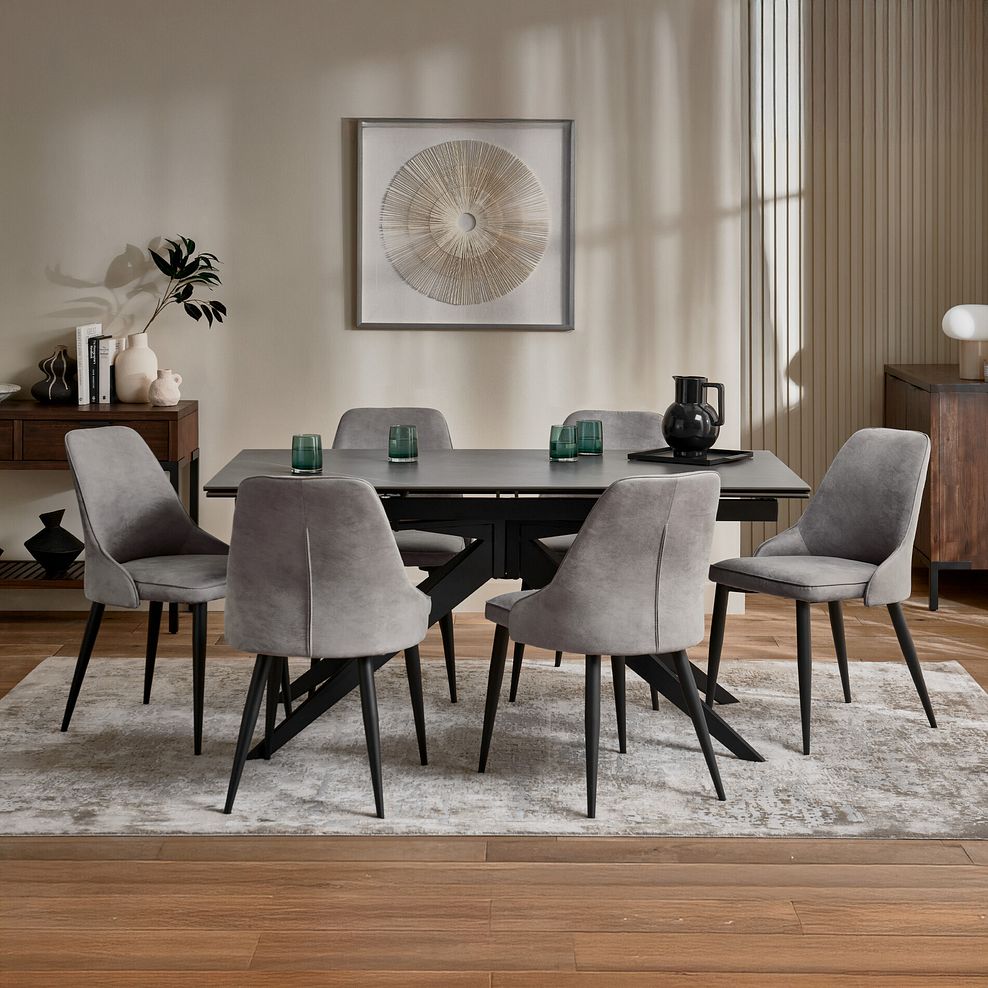 Trento Grey Ceramic Extending Dining Table + 8 Aria Dining Chairs in Dark Grey with Black Metal Legs 3