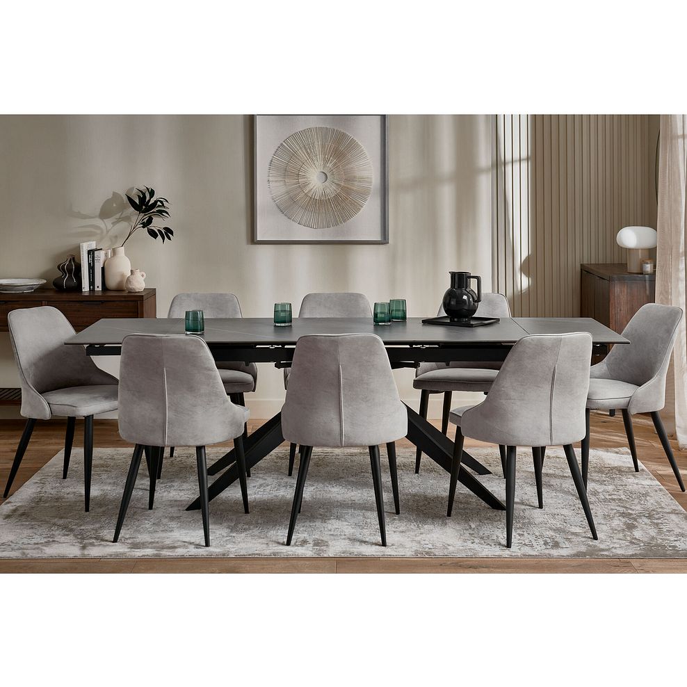 Trento Grey Ceramic Extending Dining Table + 8 Aria Dining Chairs in Light Grey with Black Metal Legs 1