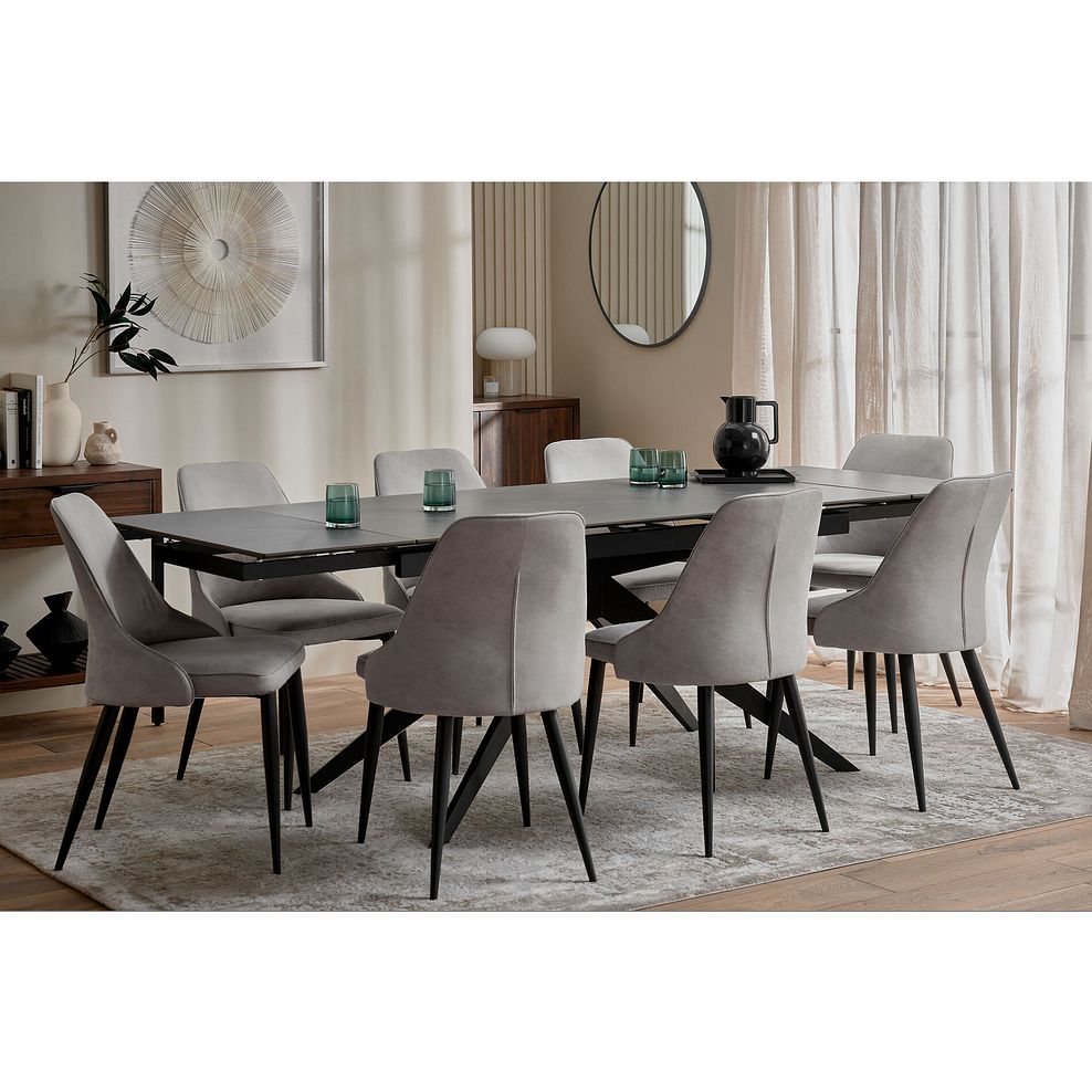 Trento Grey Ceramic Extending Dining Table + 8 Aria Dining Chairs in Light Grey with Black Metal Legs 2