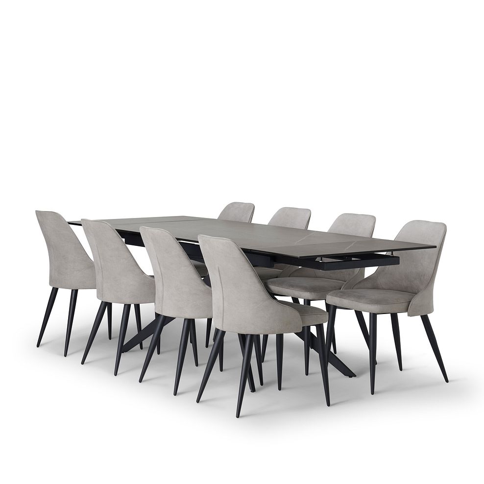 Trento Grey Ceramic Extending Dining Table + 8 Aria Dining Chairs in Light Grey with Black Metal Legs 4